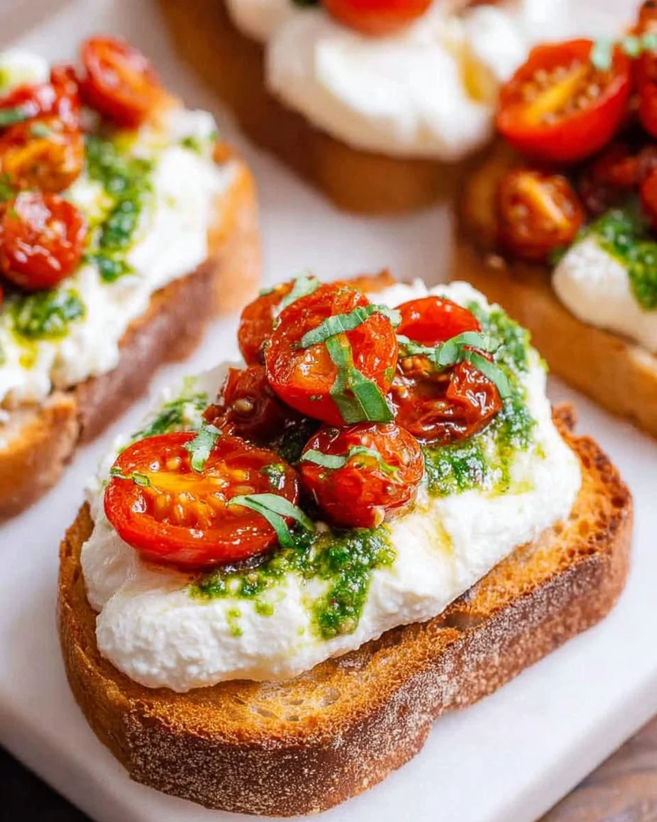 Burrata Bruschetta with fresh tomatoes on toasted bread