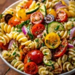 California pasta salad with zesty Italian dressing in a bowl