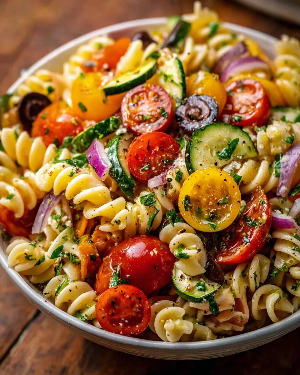 California pasta salad with zesty Italian dressing in a bowl