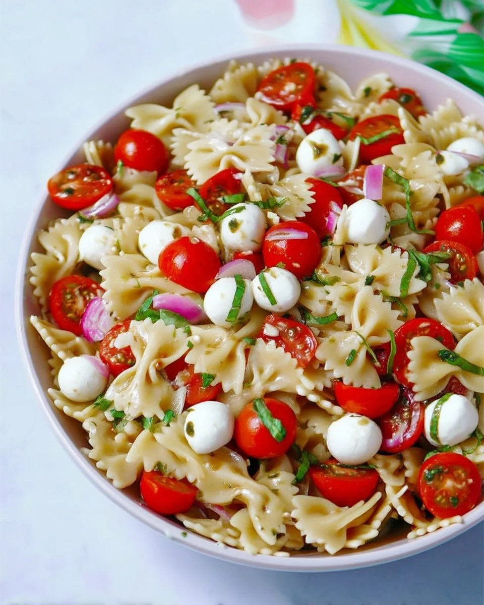 Delicious Caprese Pasta Salad with tomatoes, mozzarella, and basil