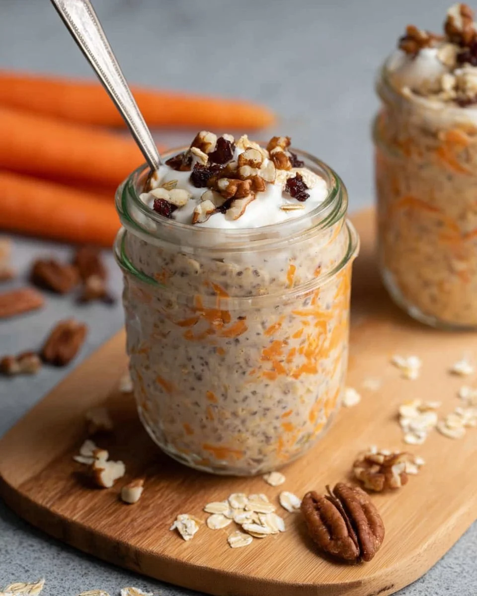 Delicious Carrot Cake Overnight Oats topped with walnuts and raisins in a jar