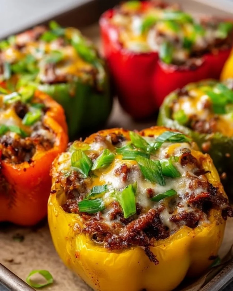 Cheesesteak stuffed peppers filled with beef, cheese, and peppers for a savory dish.