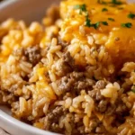 Cheesy ground beef and rice casserole topped with melted cheese and herbs