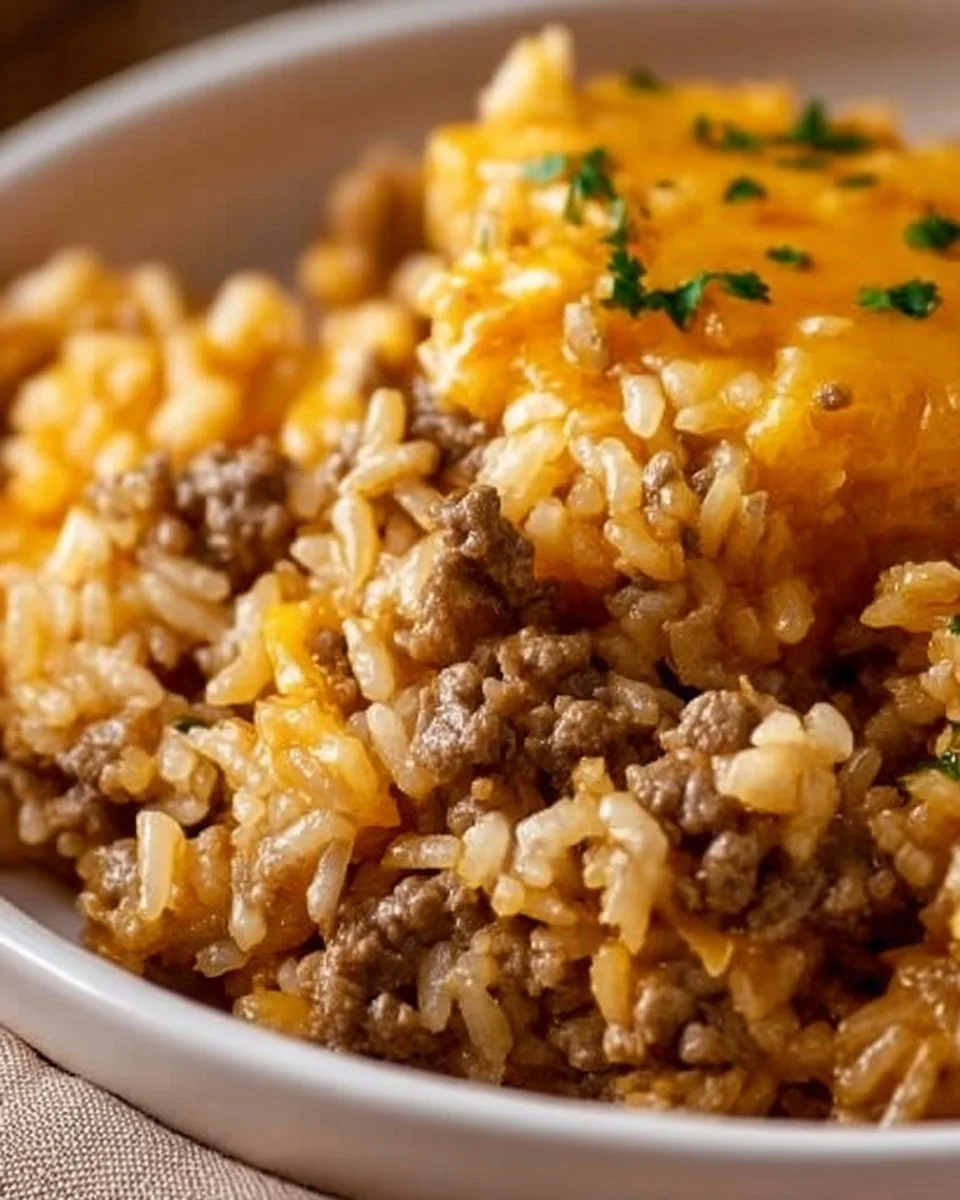 Cheesy ground beef and rice casserole topped with melted cheese and herbs