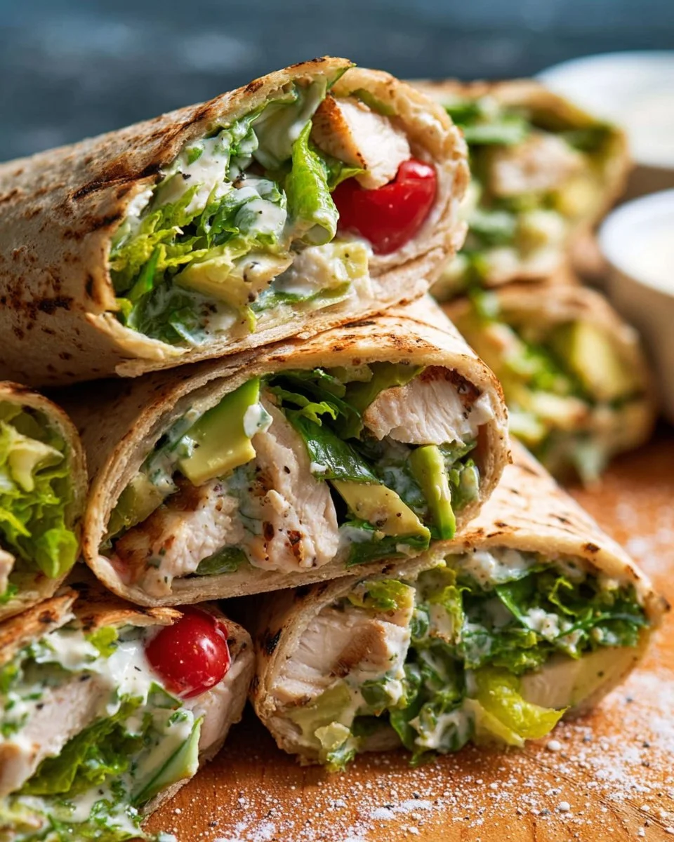 Chicken Avocado Caesar Salad Wrap with fresh ingredients and dressing