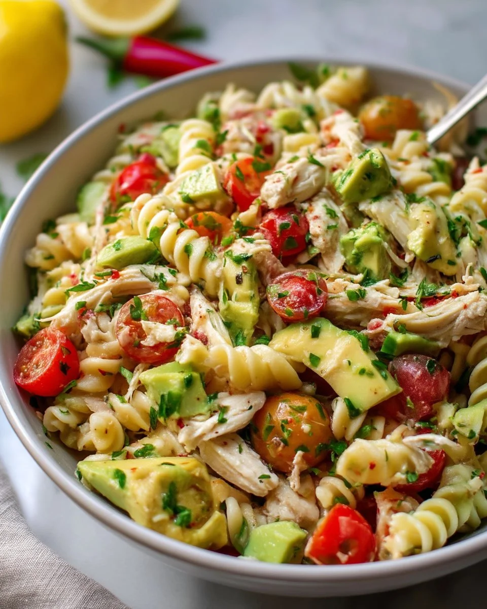 Delicious Chicken Avocado Pasta Salad with fresh ingredients and vibrant colors.