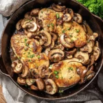 Plate of Chicken Marsala served with a side of vegetables and pasta.