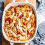 Delicious Chicken Parmesan Casserole topped with melted cheese and marinara sauce