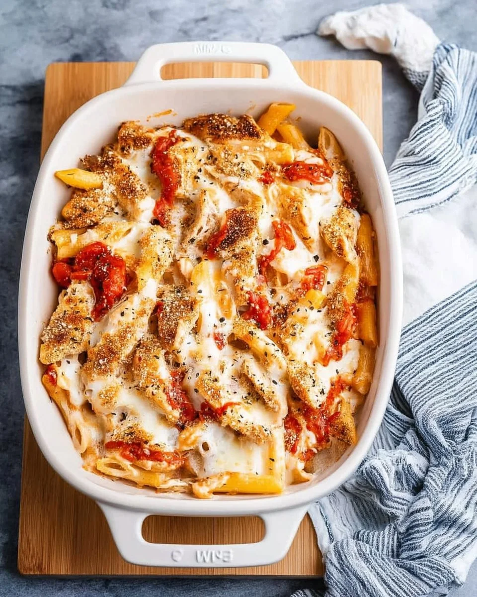 Delicious Chicken Parmesan Casserole topped with melted cheese and marinara sauce