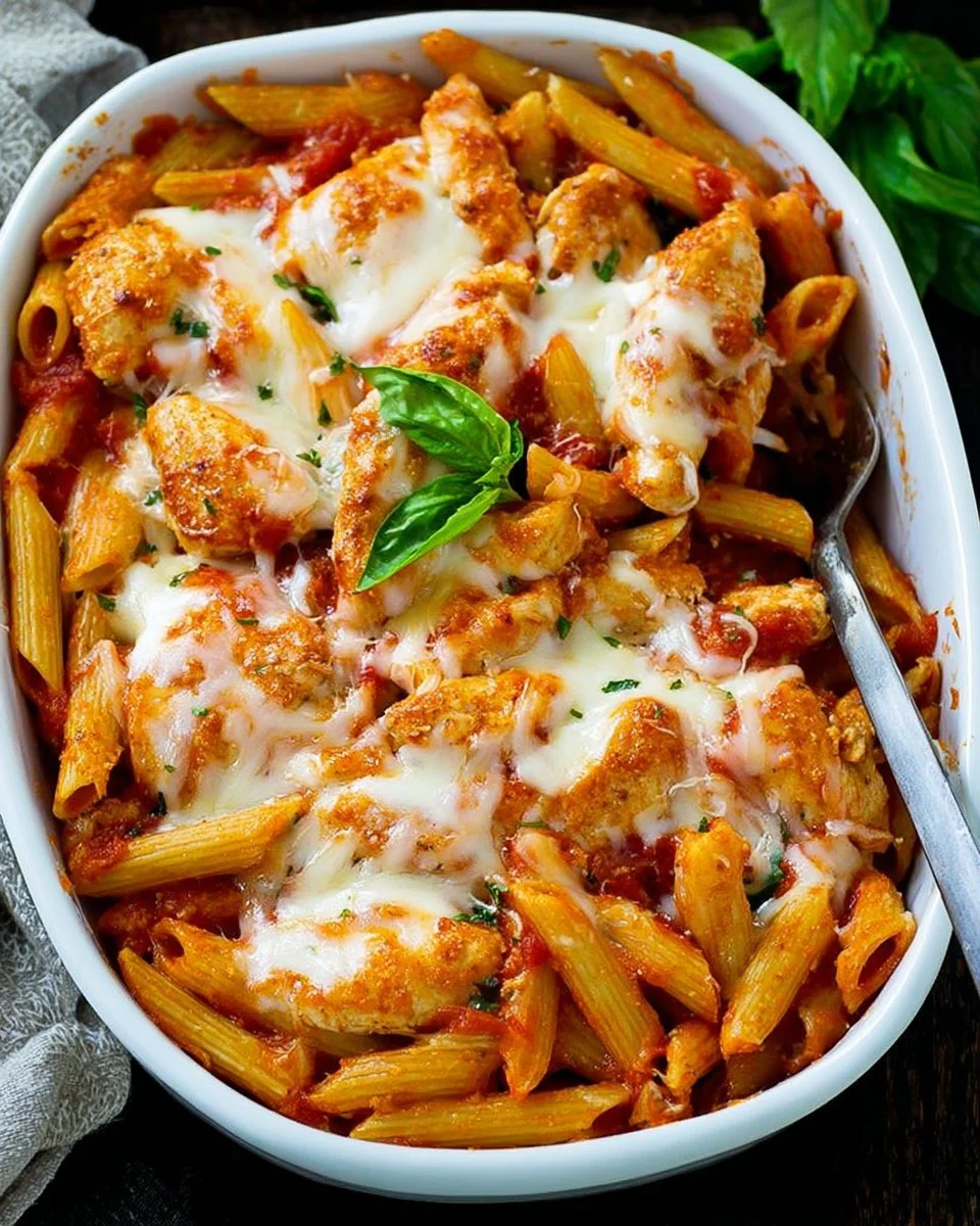 Delicious Chicken Parmesan Pasta topped with marinara and cheese