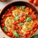Delicious Chicken Pomodoro served with fresh basil and tomatoes.
