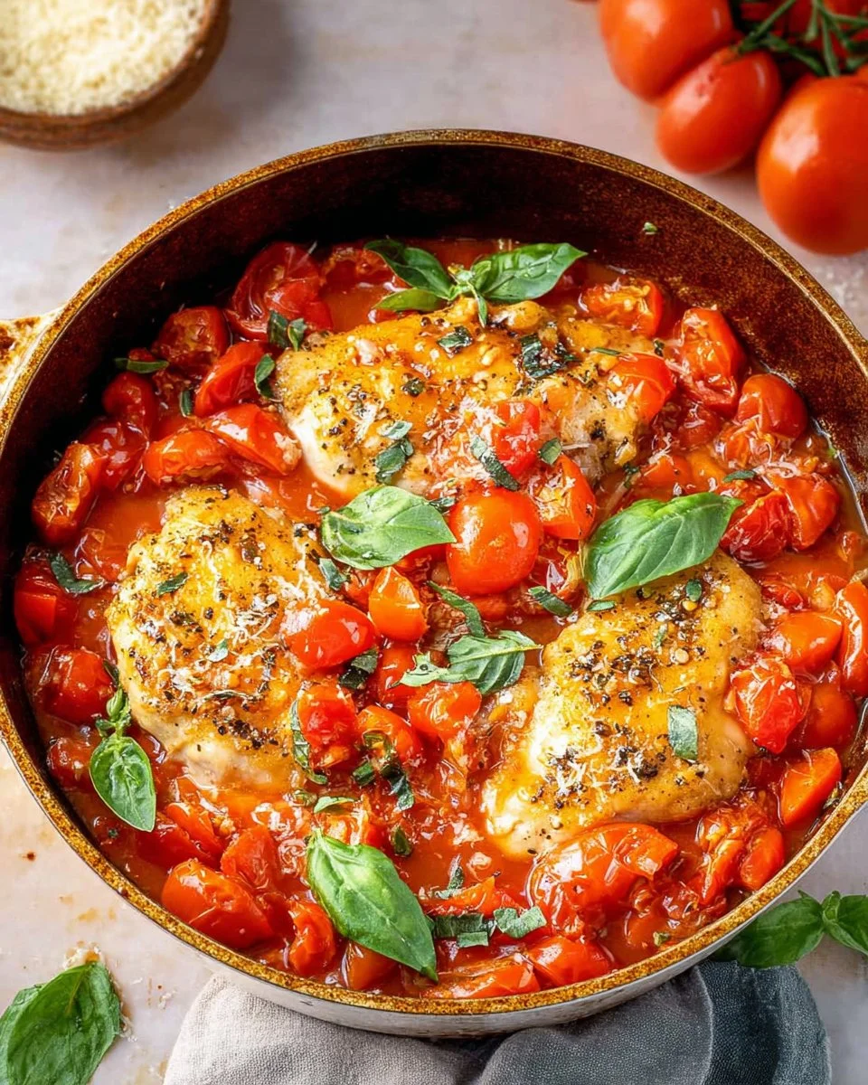 Delicious Chicken Pomodoro served with fresh basil and tomatoes.