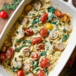 Chicken Sausage Orzo Casserole topped with herbs and cheese in a baking dish
