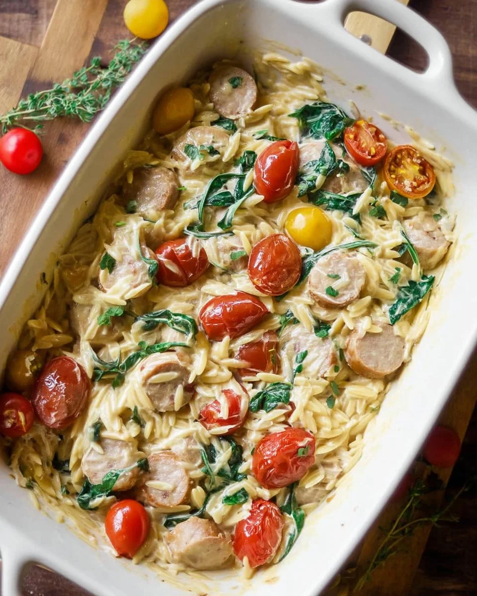 Chicken Sausage Orzo Casserole topped with herbs and cheese in a baking dish