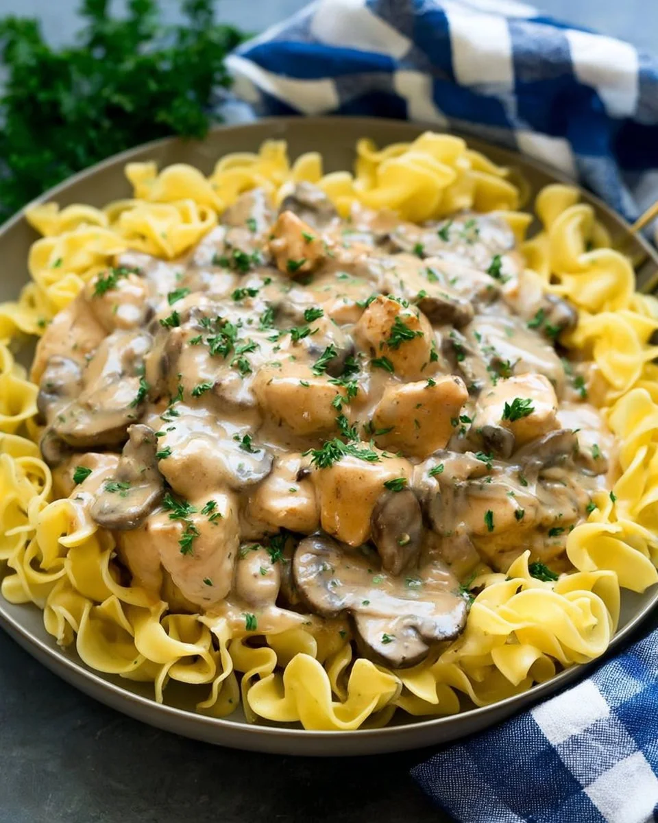 Delicious Chicken Stroganoff served with pasta on a plate