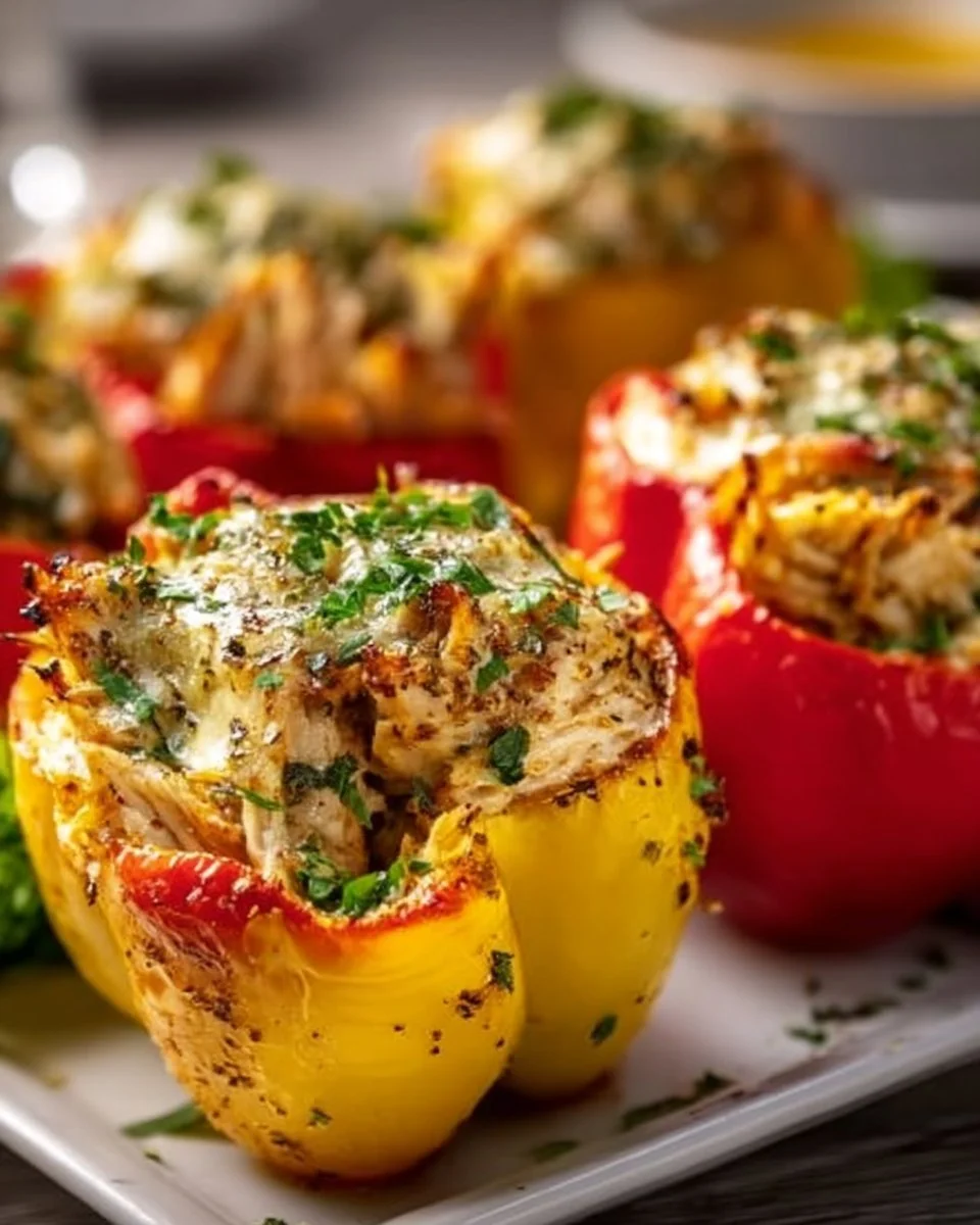 Delicious chicken stuffed peppers on a plate, garnished and ready to serve.