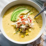Chilled corn and crab soup in a bowl garnished with herbs
