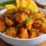 Plate of Chinese orange chicken with vibrant orange sauce and vegetables