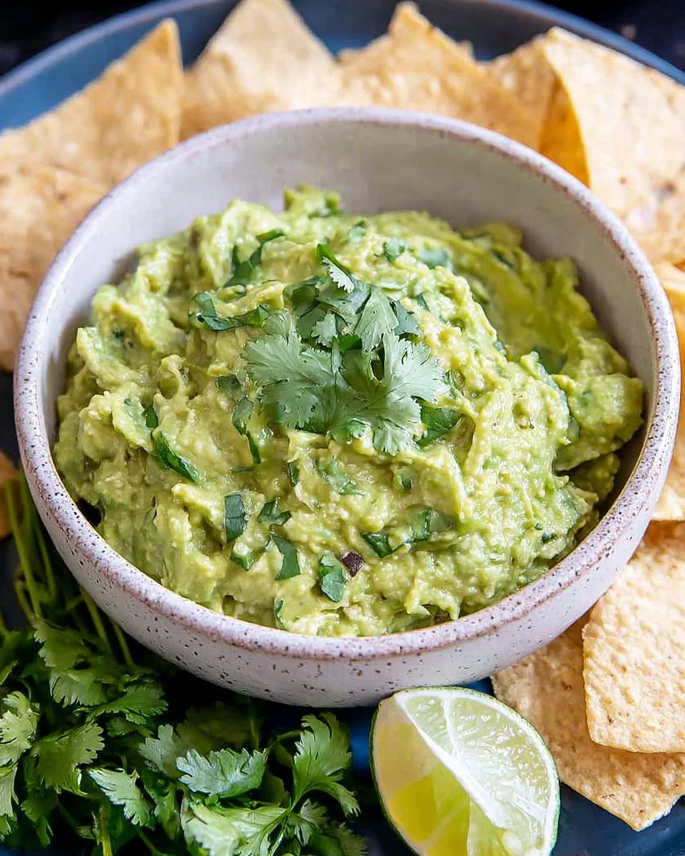 Delicious Chipotle guacamole served in a bowl with tortilla chips