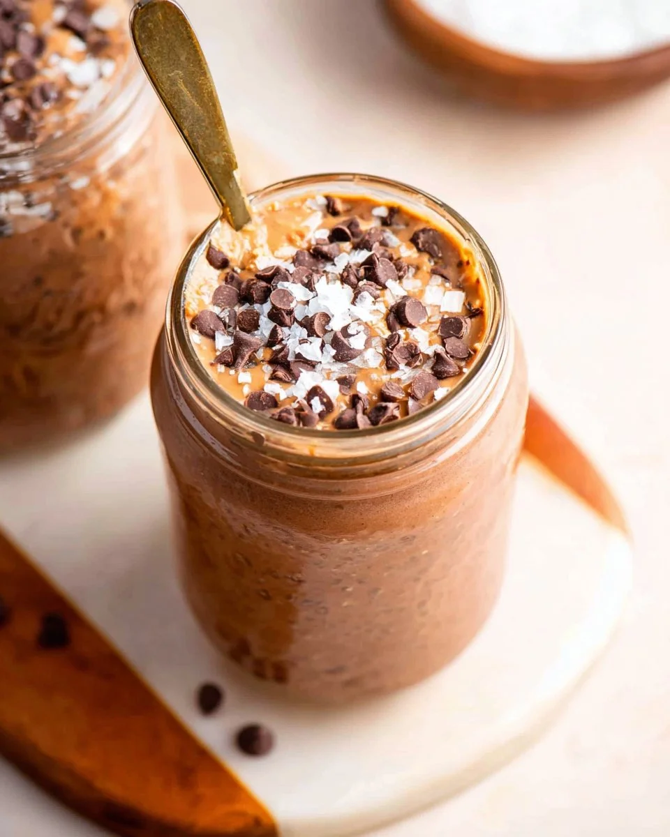 Bowl of chocolate peanut butter overnight oats topped with nuts and chocolate chips