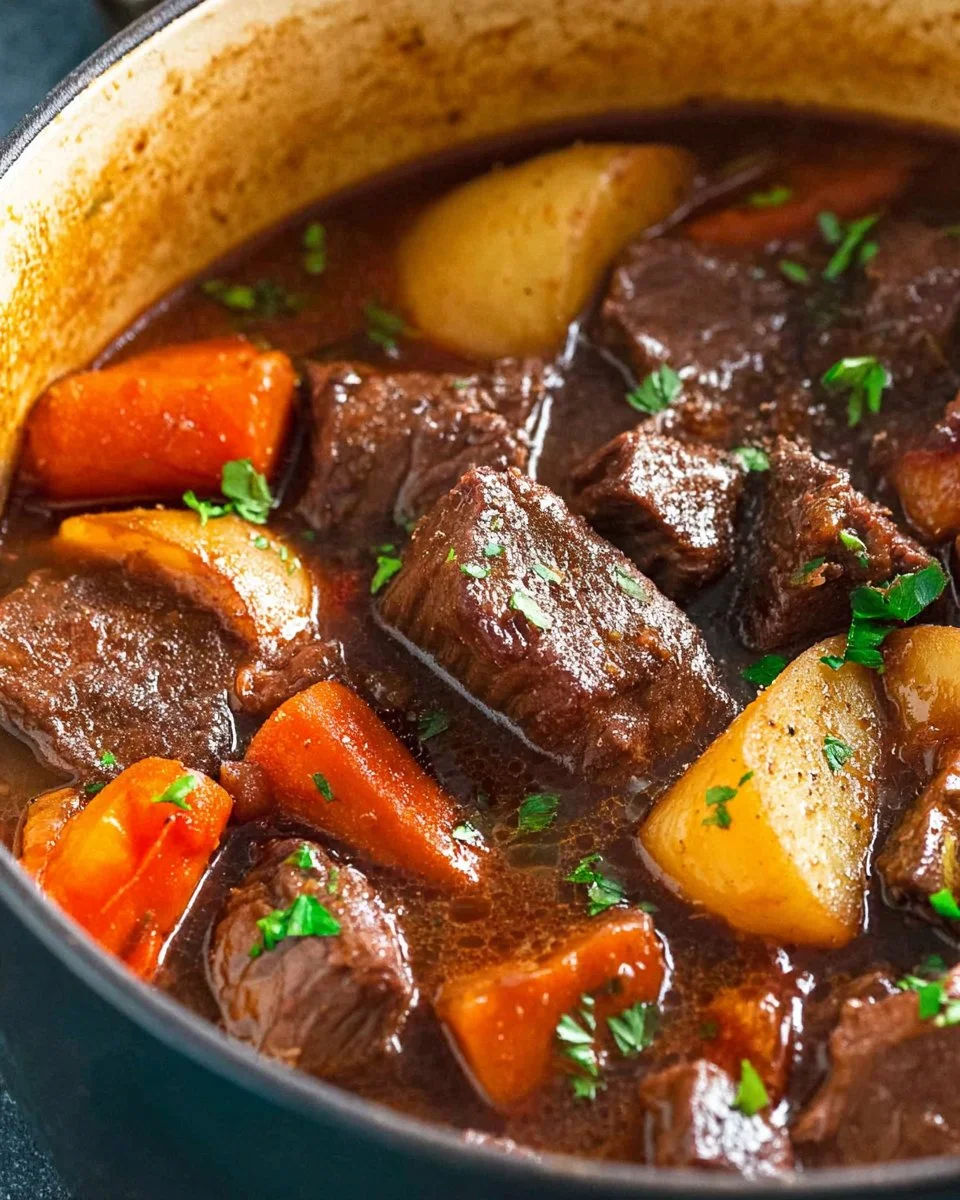 A rich bowl of classic beef stew with vegetables and herbs