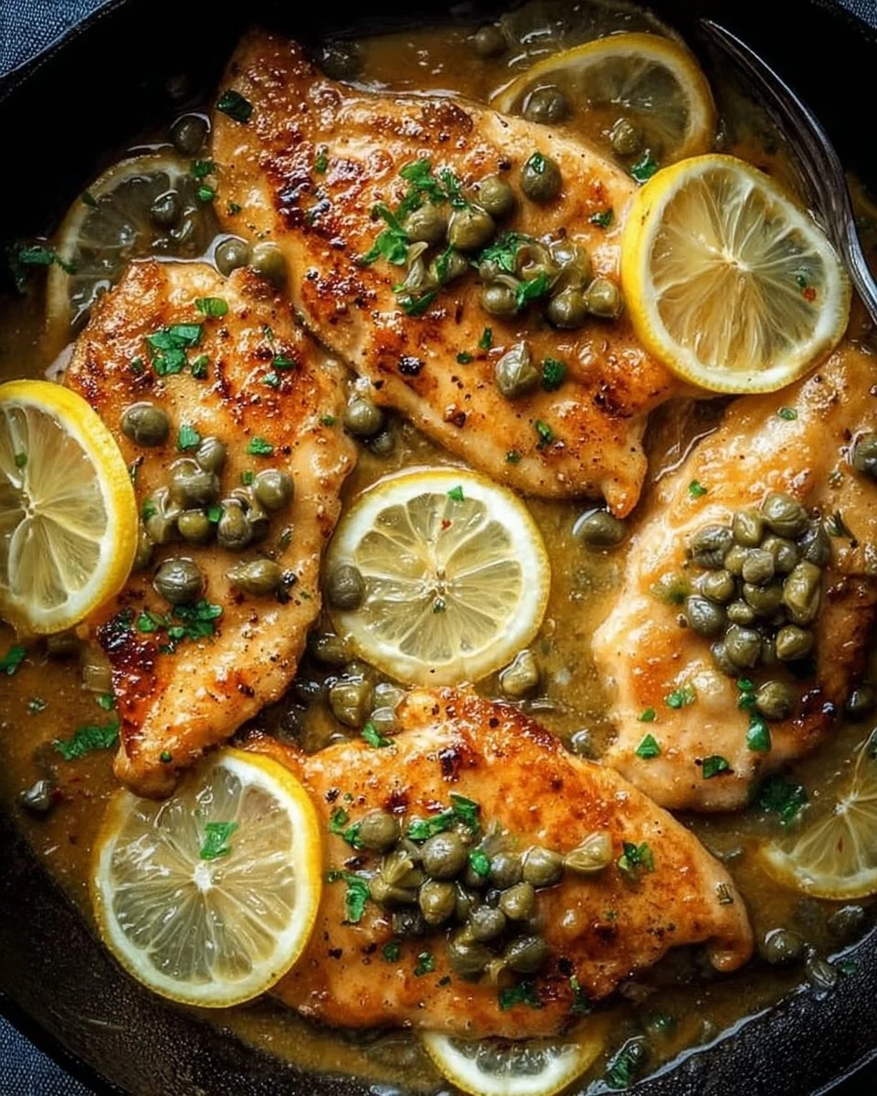 Plate of classic chicken piccata with lemon and capers garnished with parsley
