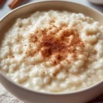Bowl of classic creamy rice pudding topped with cinnamon and raisins