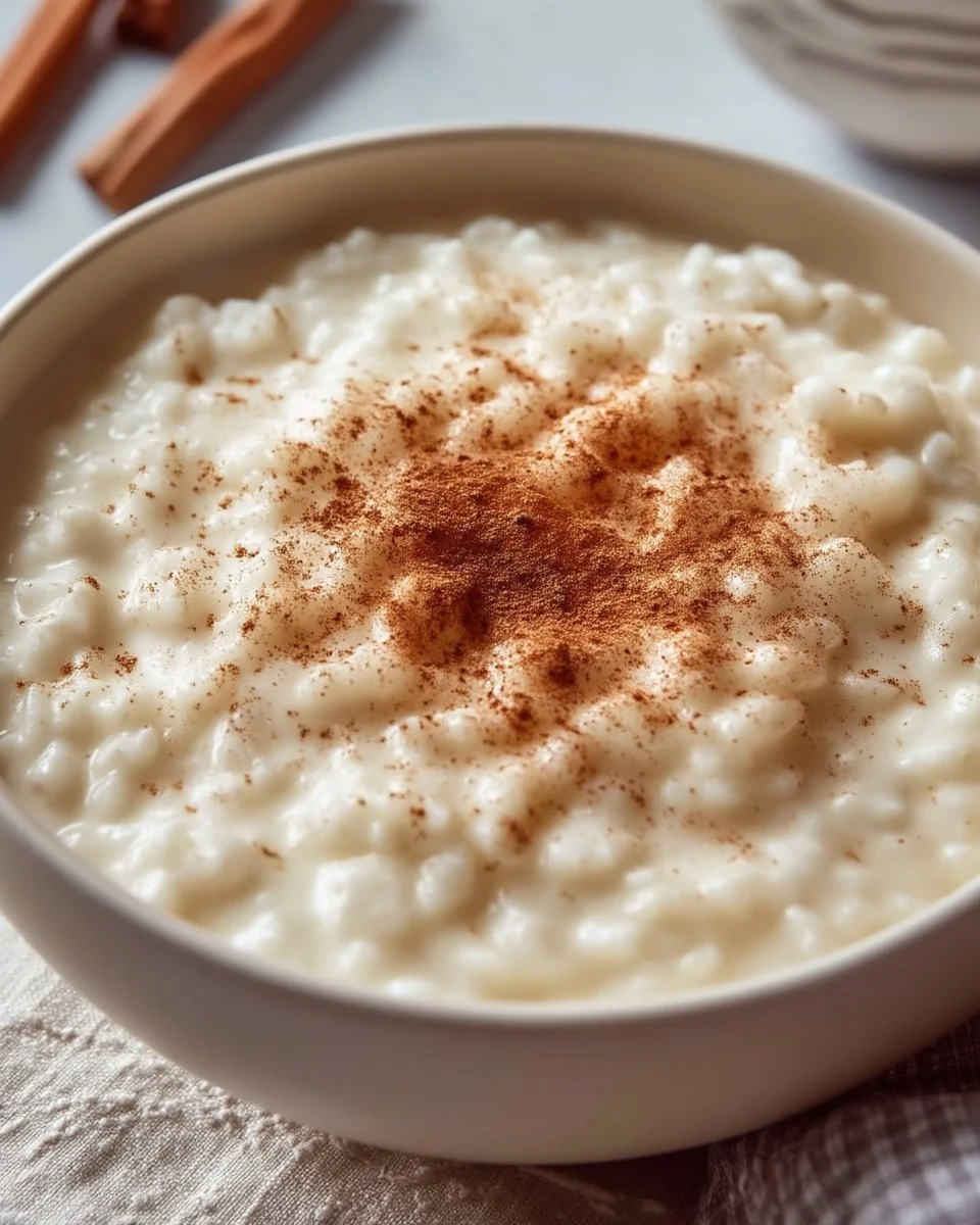 Bowl of classic creamy rice pudding topped with cinnamon and raisins