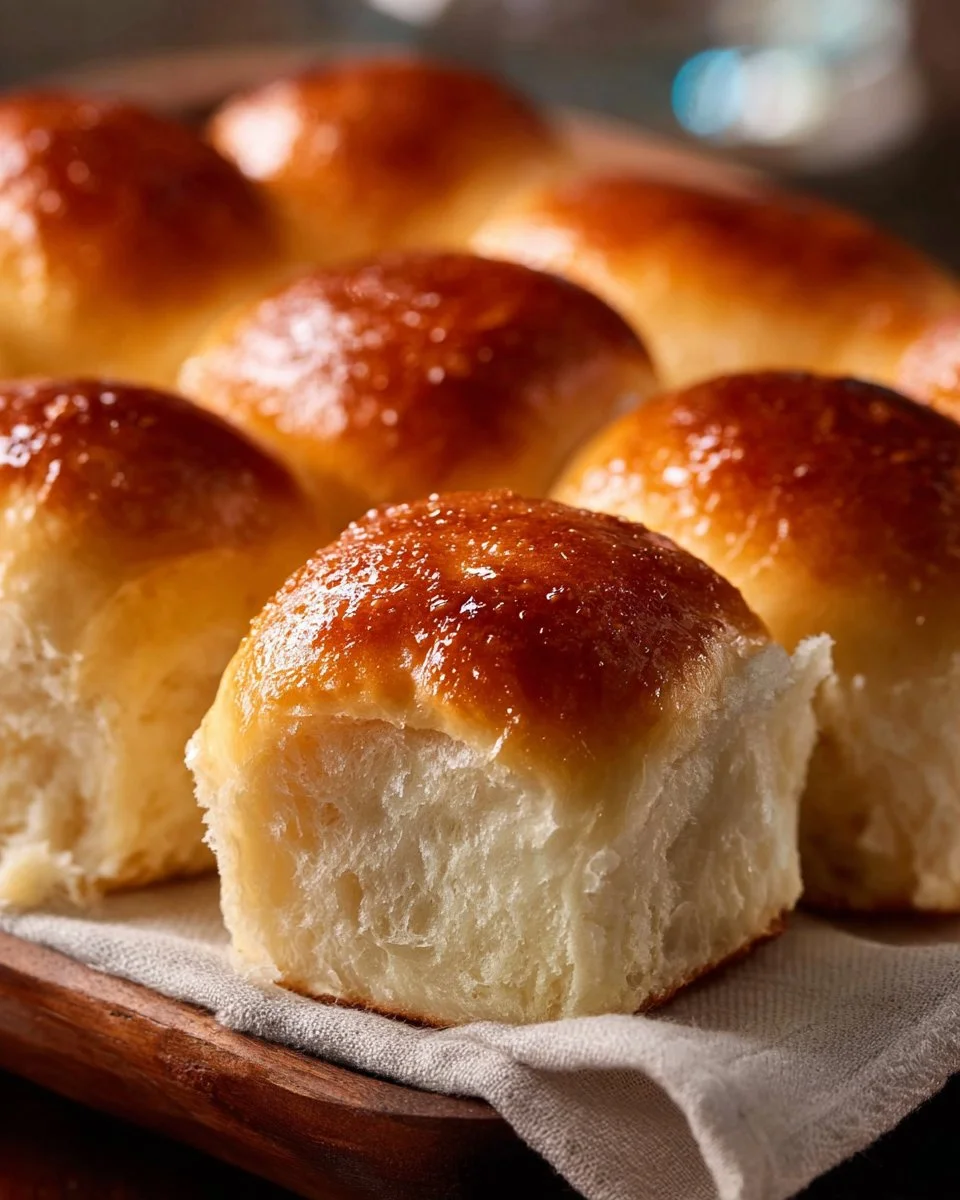 Freshly baked classic dinner rolls on a wooden table