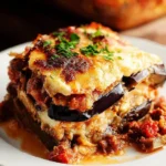 Cheesy classic eggplant lasagna dish served with fresh basil on top.
