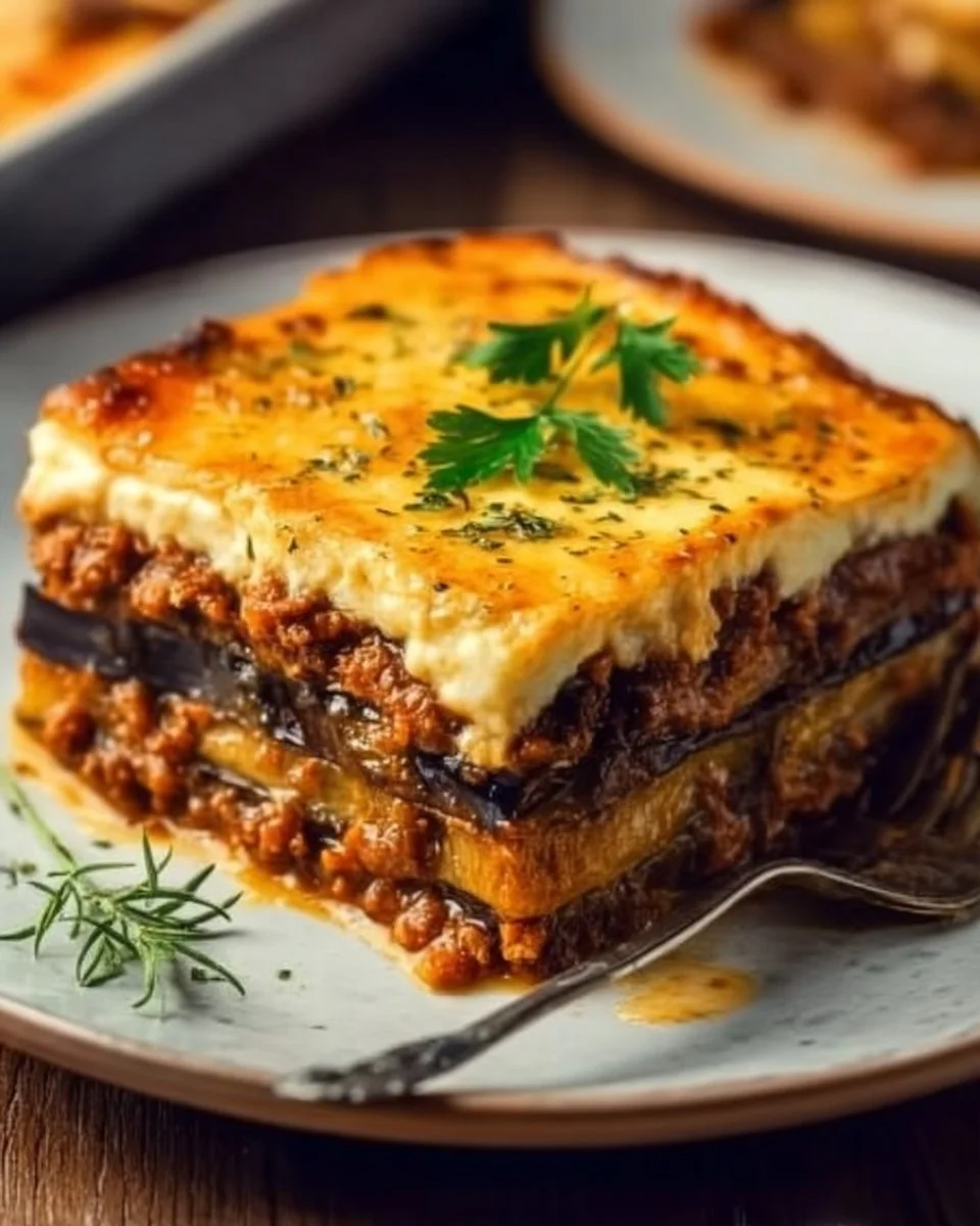Delicious Classic Greek Eggplant Moussaka with layers of vegetables and béchamel sauce