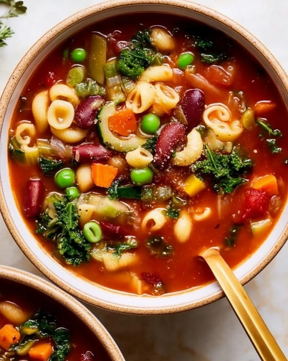 A bowl of classic Italian minestrone soup filled with fresh vegetables and beans.
