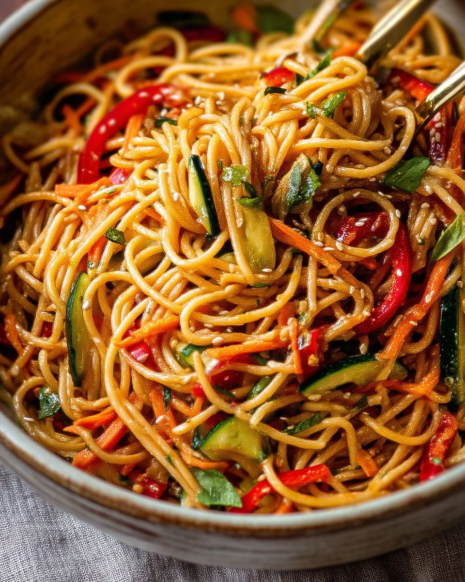 Delicious cold sesame noodles served in a bowl with fresh toppings