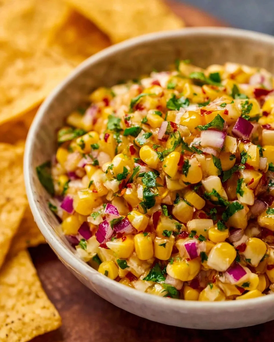Delicious homemade Chipotle Chili Corn Salsa in a bowl with fresh ingredients