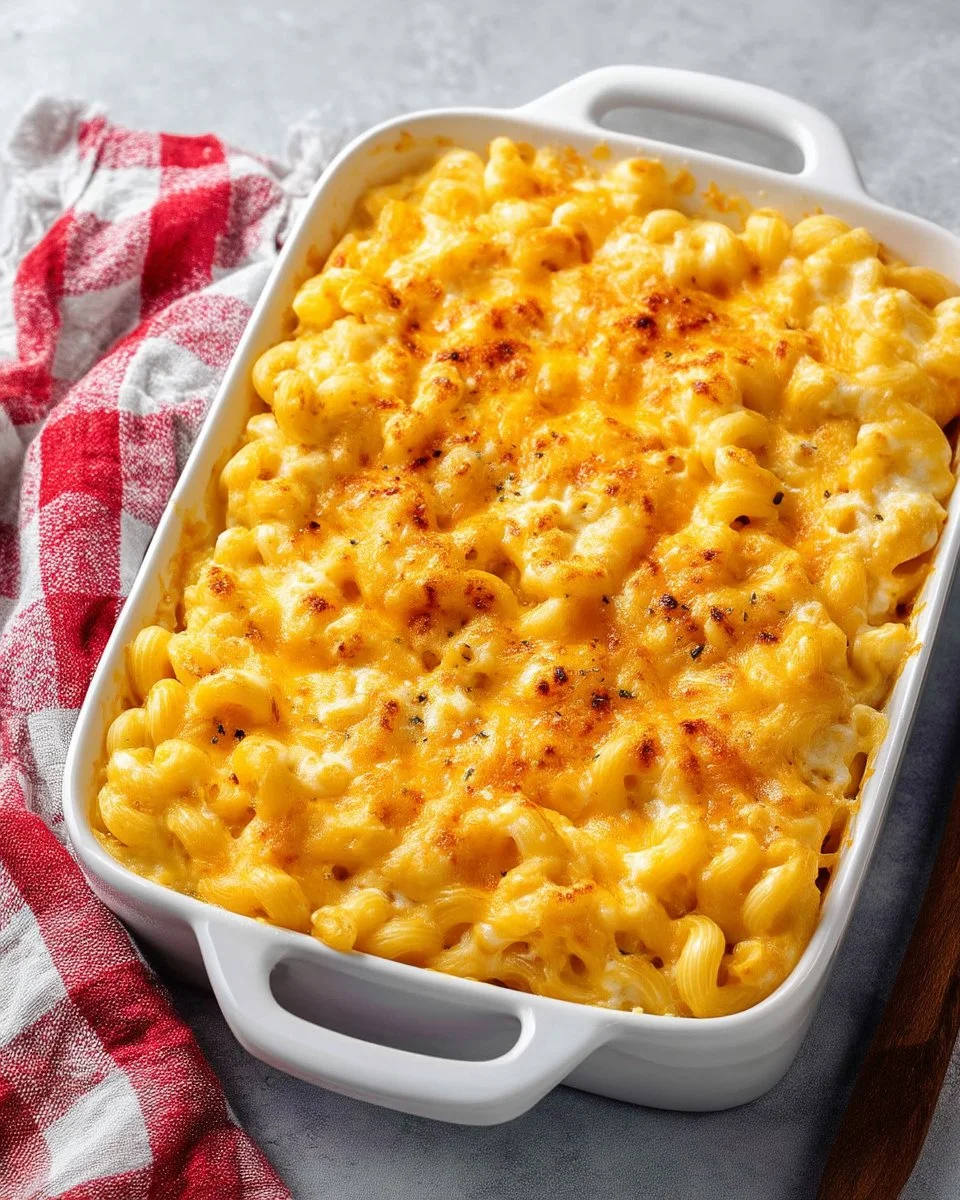 Bowl of creamy Cottage Cheese Mac and Cheese topped with herbs.