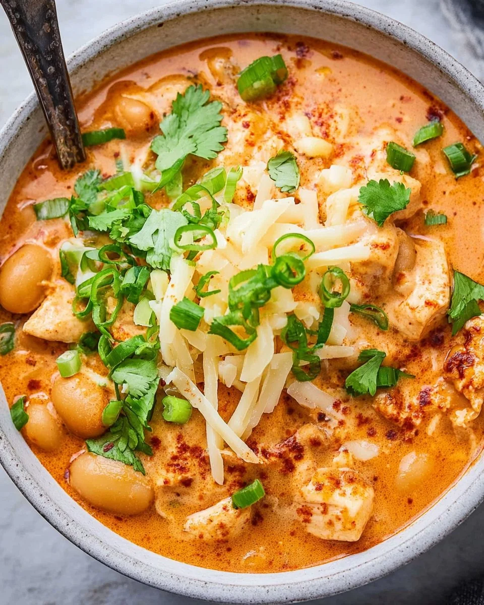 Bowl of Crack Chicken Chili topped with cheese and herbs