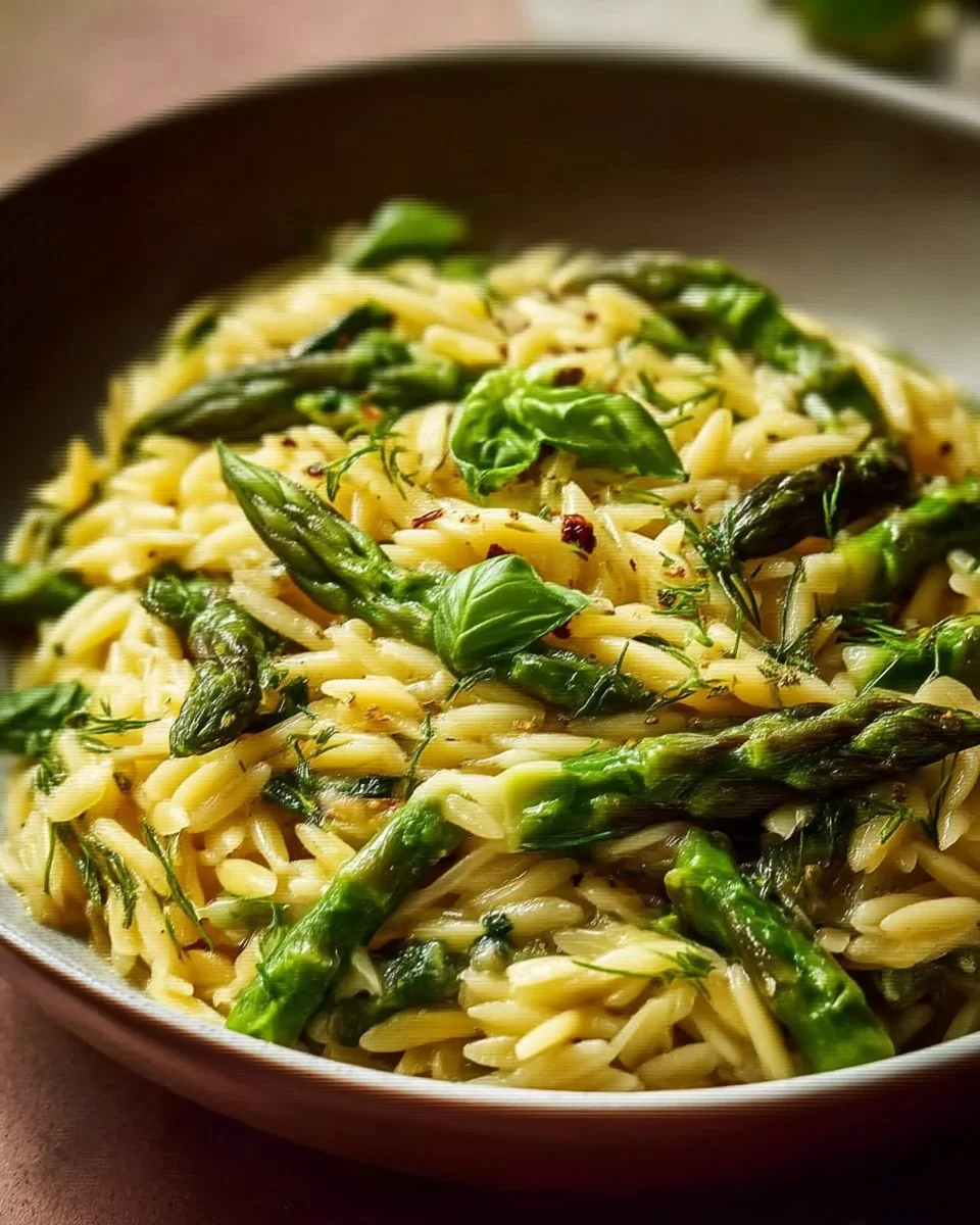 Creamy asparagus orzo with fresh asparagus and herbs in a bowl