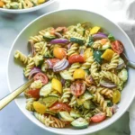 Creamy avocado pasta salad with roasted vegetables served in a bowl