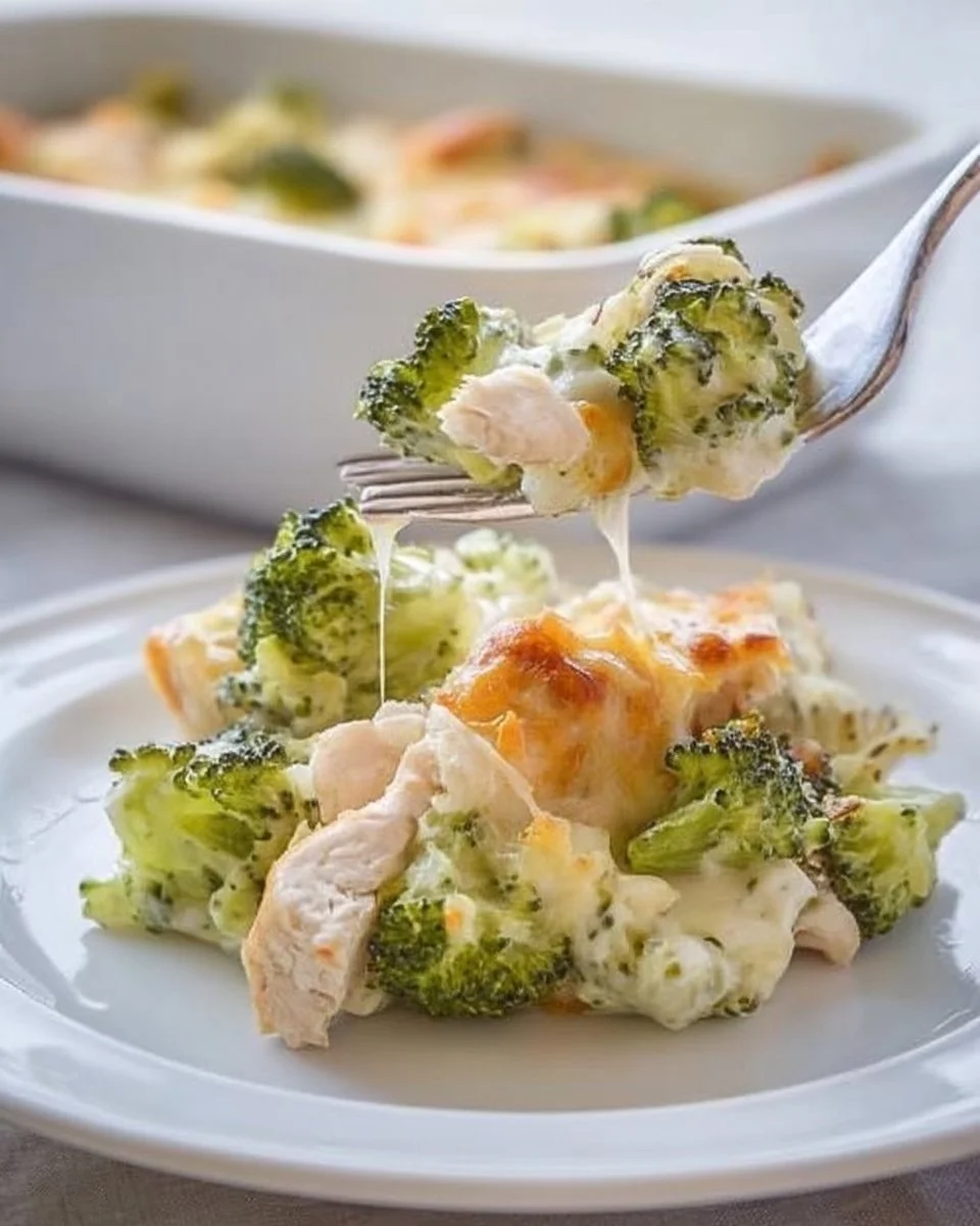 Baked creamy Chicken Alfredo with broccoli in a casserole dish