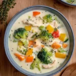 Creamy chicken broccoli soup in a bowl, garnished with fresh herbs.