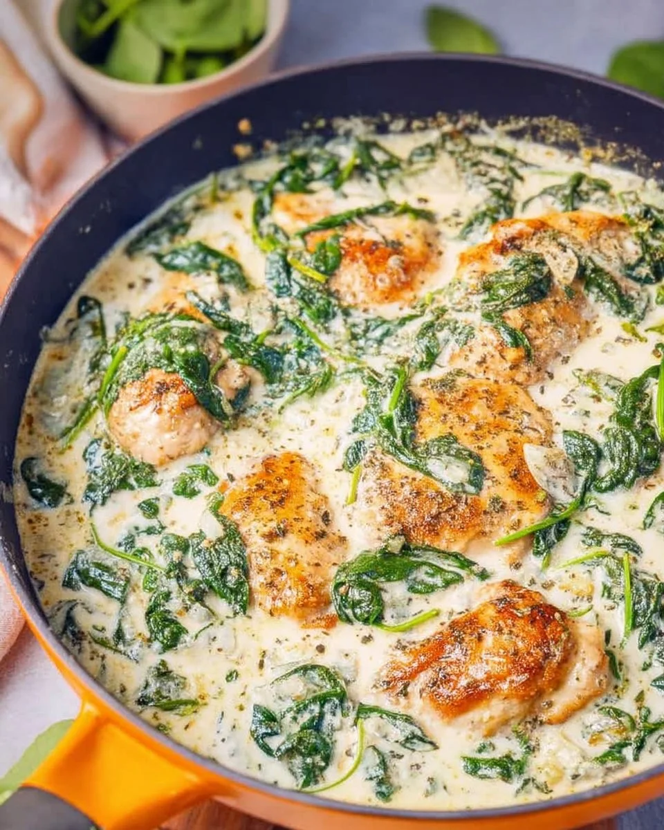 Delicious creamy chicken spinach dish served on a plate