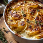 Creamy potato gratin dish served in a cozy family setting