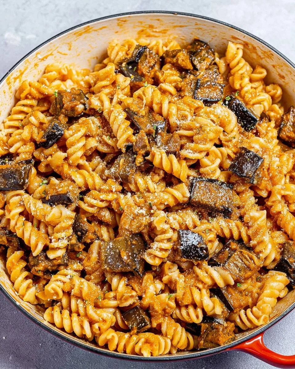 Creamy eggplant pasta topped with fresh basil and parmesan cheese.