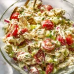 Creamy Greek yogurt chicken salad served in a bowl with fresh greens and herbs