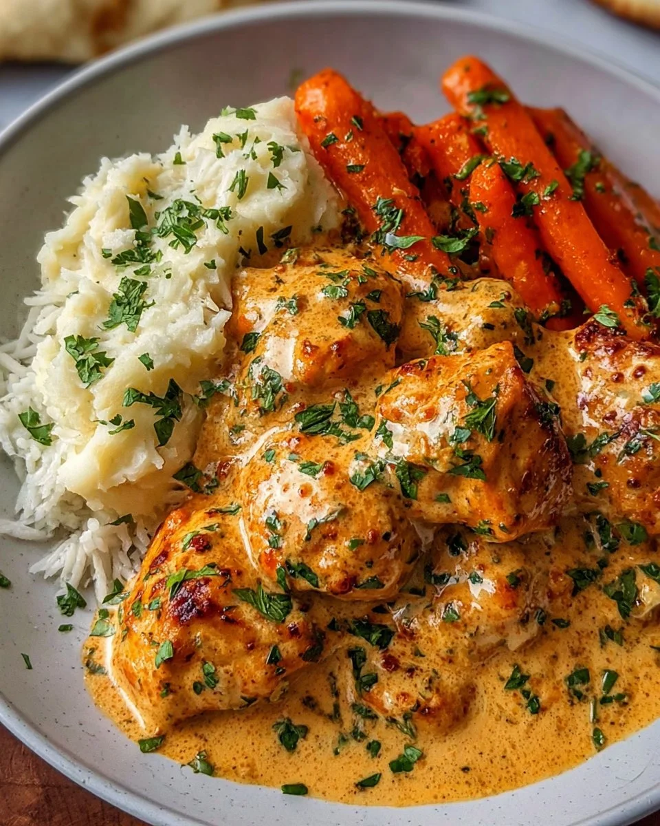 Creamy herb chicken with mashed potatoes and glazed carrots meal