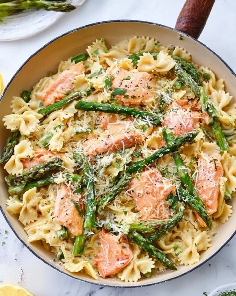 A bowl of creamy salmon asparagus pasta garnished with fresh herbs.
