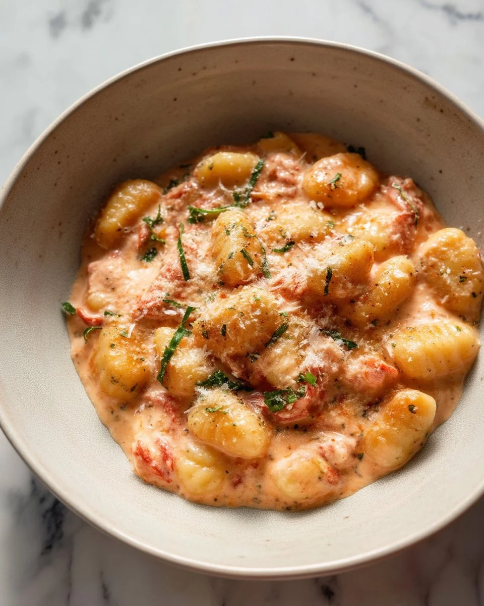 Creamy tomato gnocchi in a bowl topped with fresh basil