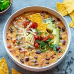 Bowl of creamy vegetarian tortilla soup topped with tortilla strips and fresh herbs.