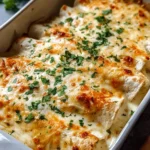 Creamy white chicken enchiladas served on a plate with toppings