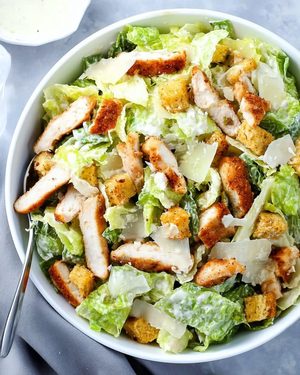 Bowl of Crispy Chicken Caesar Salad with grilled chicken, romaine, and parmesan.